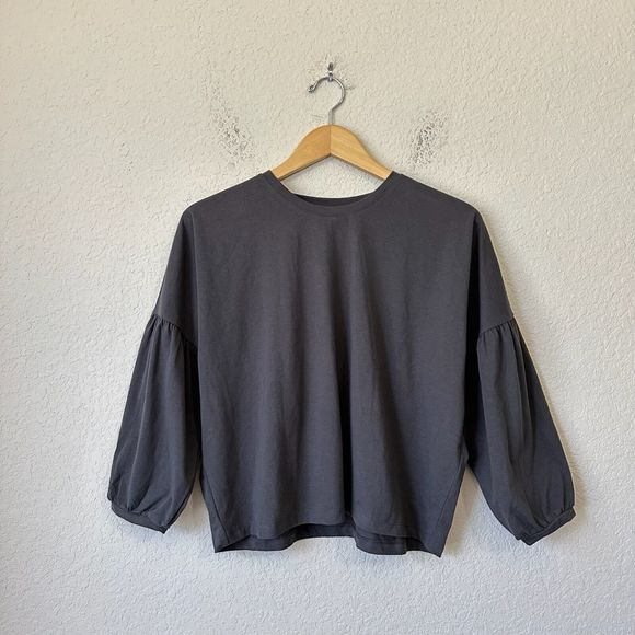 NWT MADEWELL 3/4-Sleeve Crepe Drop-Shoulder Bubble-Sleeve Tee Grey - Picture 1 of 9